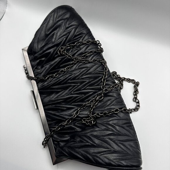 JESSICA McCLINTOCK CLUTCH OPTIONAL SHOULDER CHAIN EVENING BLACK FAUX LEATHER - Picture 2 of 7